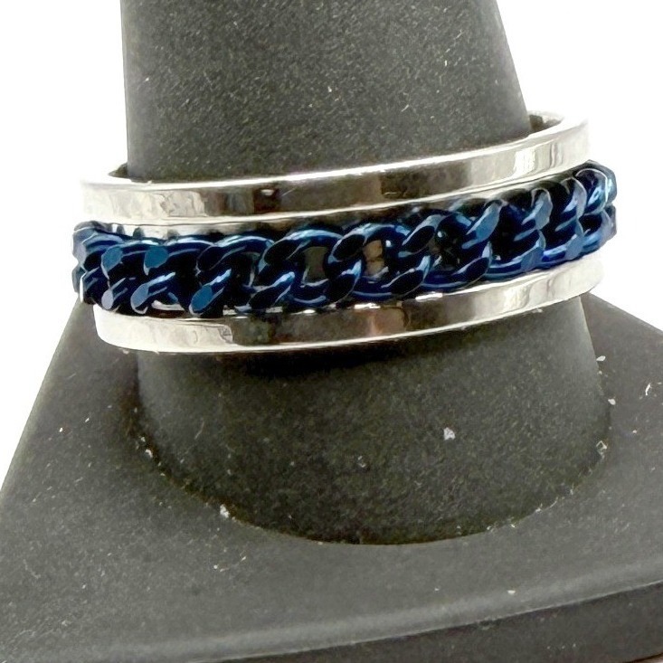 New Mens Blue Chain Ring Silver Band Size 12 Stainless Style Biker Ring